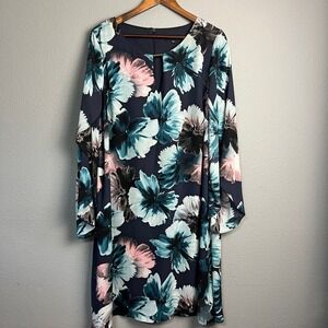 Joanna Hope Navy Floral Hawaiian Print Flutter Long Sleeve Lined‎ Dress Size 16